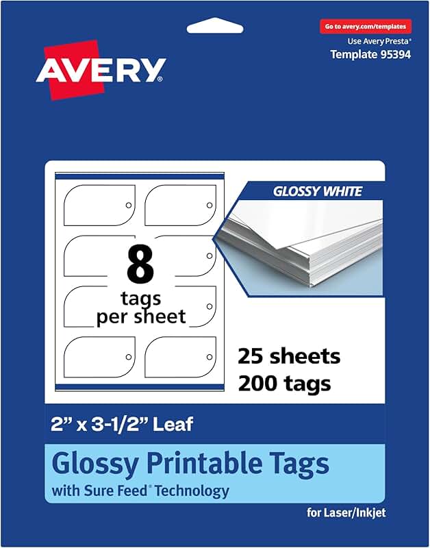Printable Leaf Tags, Glossy White, 2x3.5 inches, 200 sheets