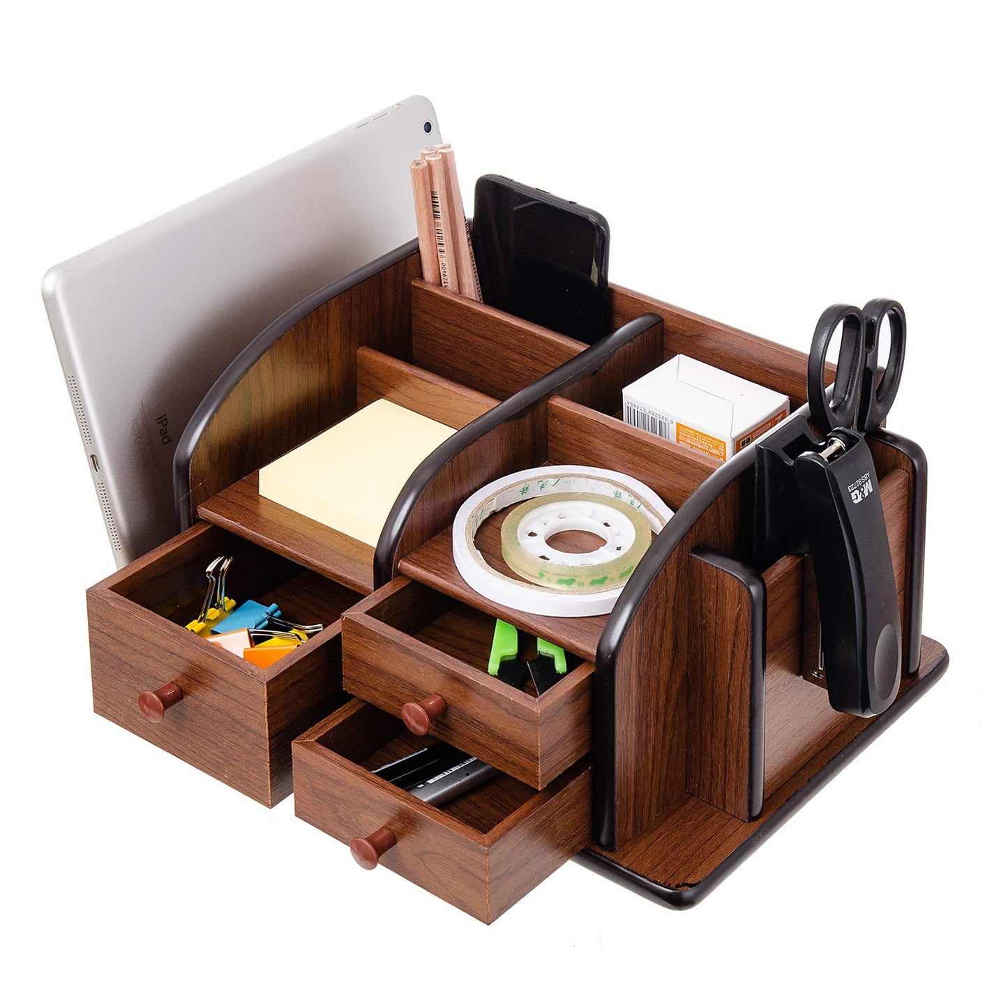 Brown Wooden Desk Organizer with Drawers and Shelves