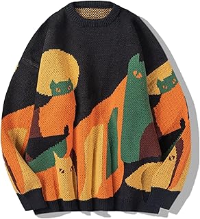 Color Blocking Cat Sweater, Vintage Oversized Knit Pullover