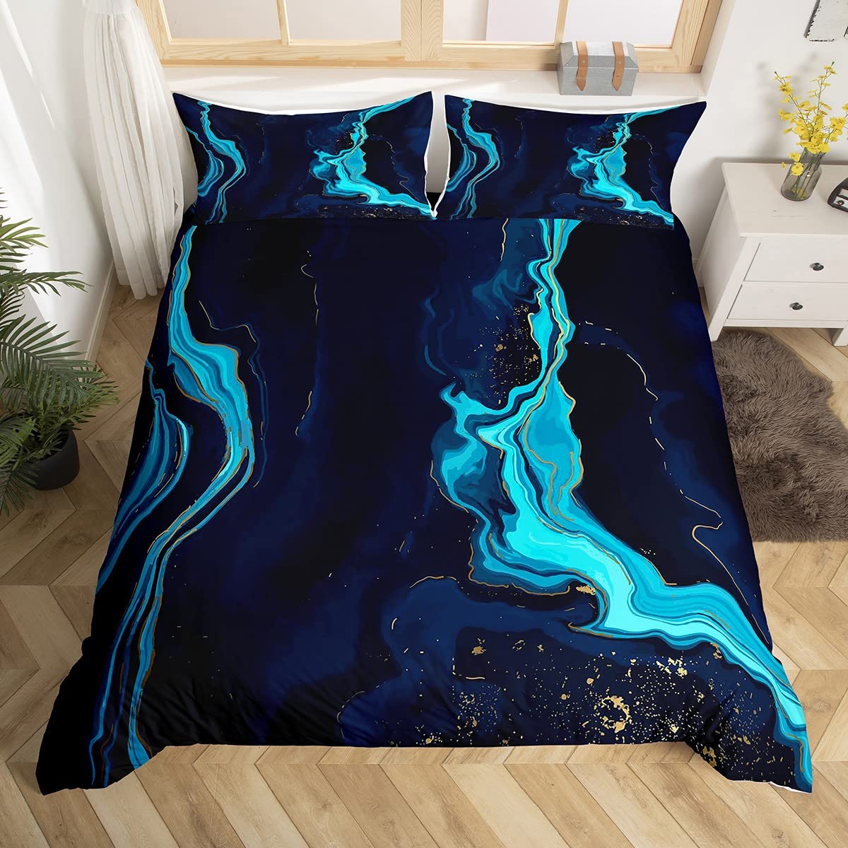Blue Marble Duvet Cover Set Marble Texture Bedding Set for Kids Boys Girls Abstract Art Comforter Cover Modern Quilt Cover 1 Duvet Cover with 2 Pillowcases Queen Size