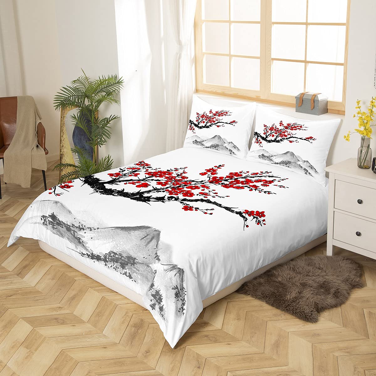 Style Comforter Cover Red Cherry Blossoms Bedding Set Mount Fuji Duvet Cover Ink Painting Black White Pattern Bedspread for Adult Women Teen Girls Soft Microfiber Quilt Set, Queen
