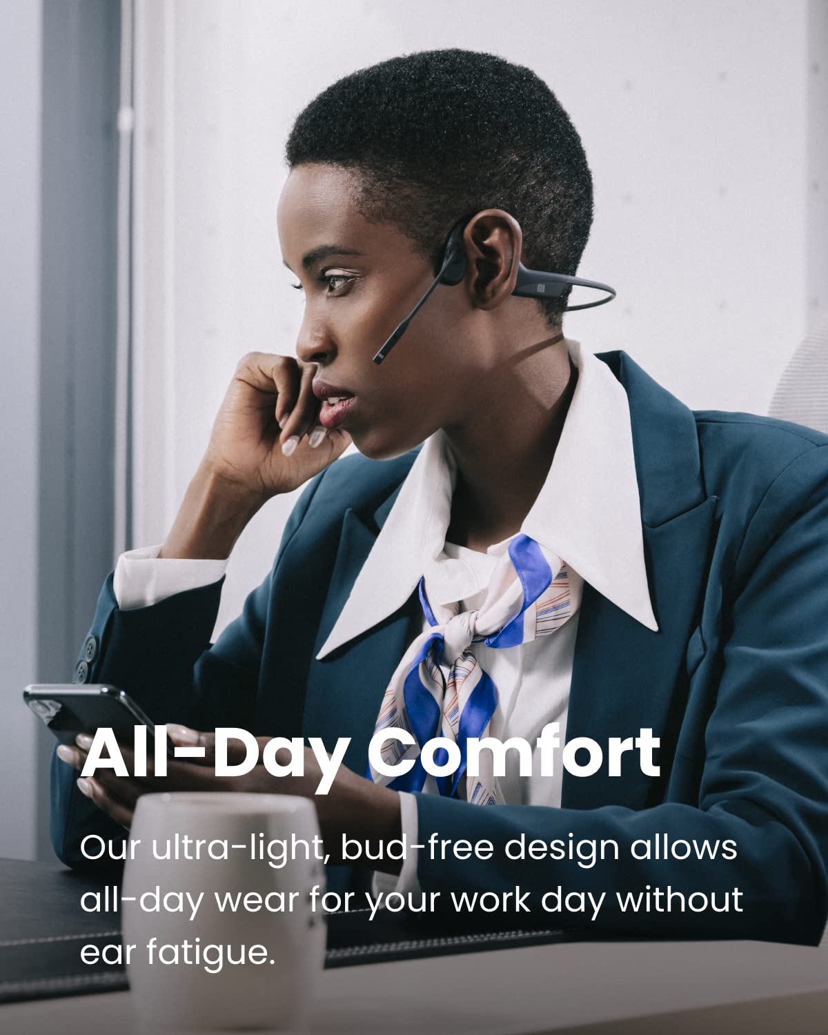 (AfterShokz) OpenComm - Bone Conduction Open-Ear Stereo Bluetooth Headset with Noise-Canceling Boom Microphone - Wireless Headset for Mobile Use, with Bookmark
