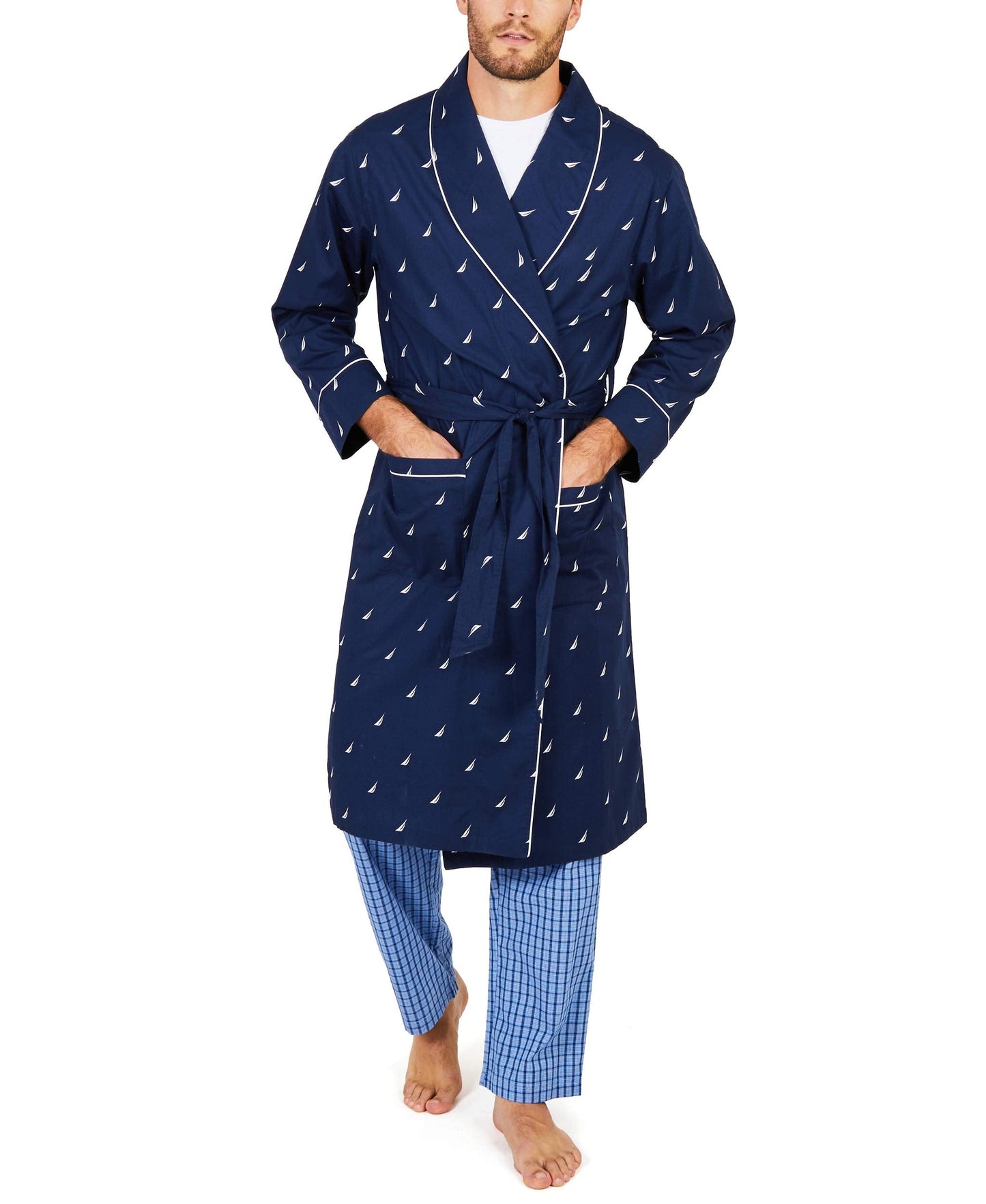 Men's Long-sleeve Lightweight Cotton Woven-robe bathrobes, Peacoat, Large-X-Large US