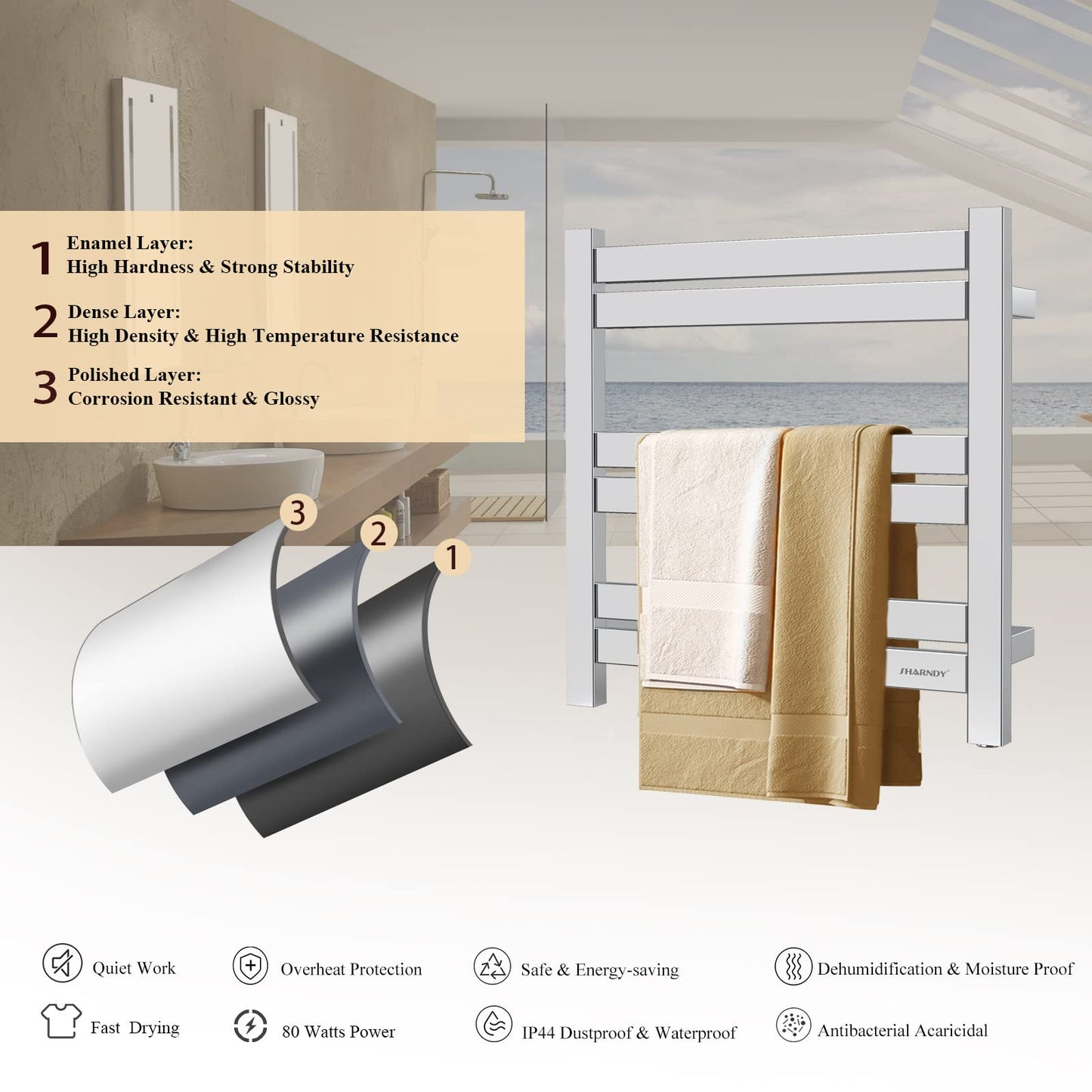 Towel Warmer Polished Chrome for Bathroom Wall Mounted Drying Rack Plug-in Electric Heated Towel Rack Stainless Steel Square 6 Bars Bath Towel Heater ETW84-4 80W 20.87x20.47x4.13 inches