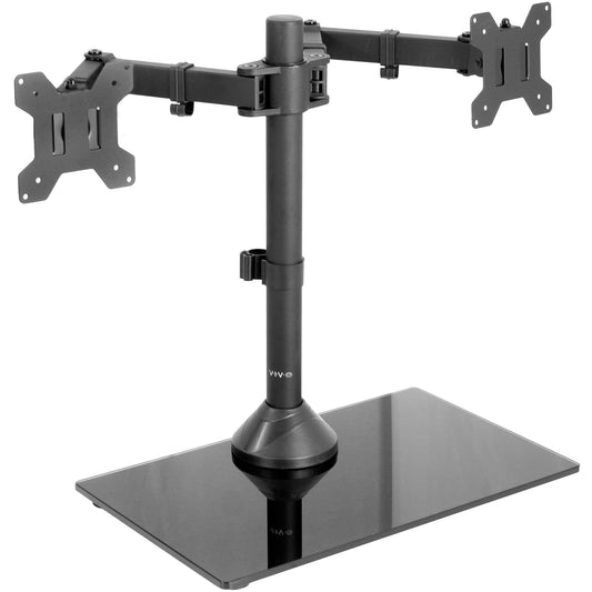 Freestanding dual monitor stand with glass base, adjustable arms, for two 27-inch screens