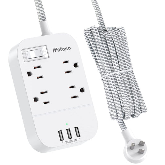 Power strip with 10-foot braided cord, four outlets, three USB ports, flat plug, overload protection, wall mount