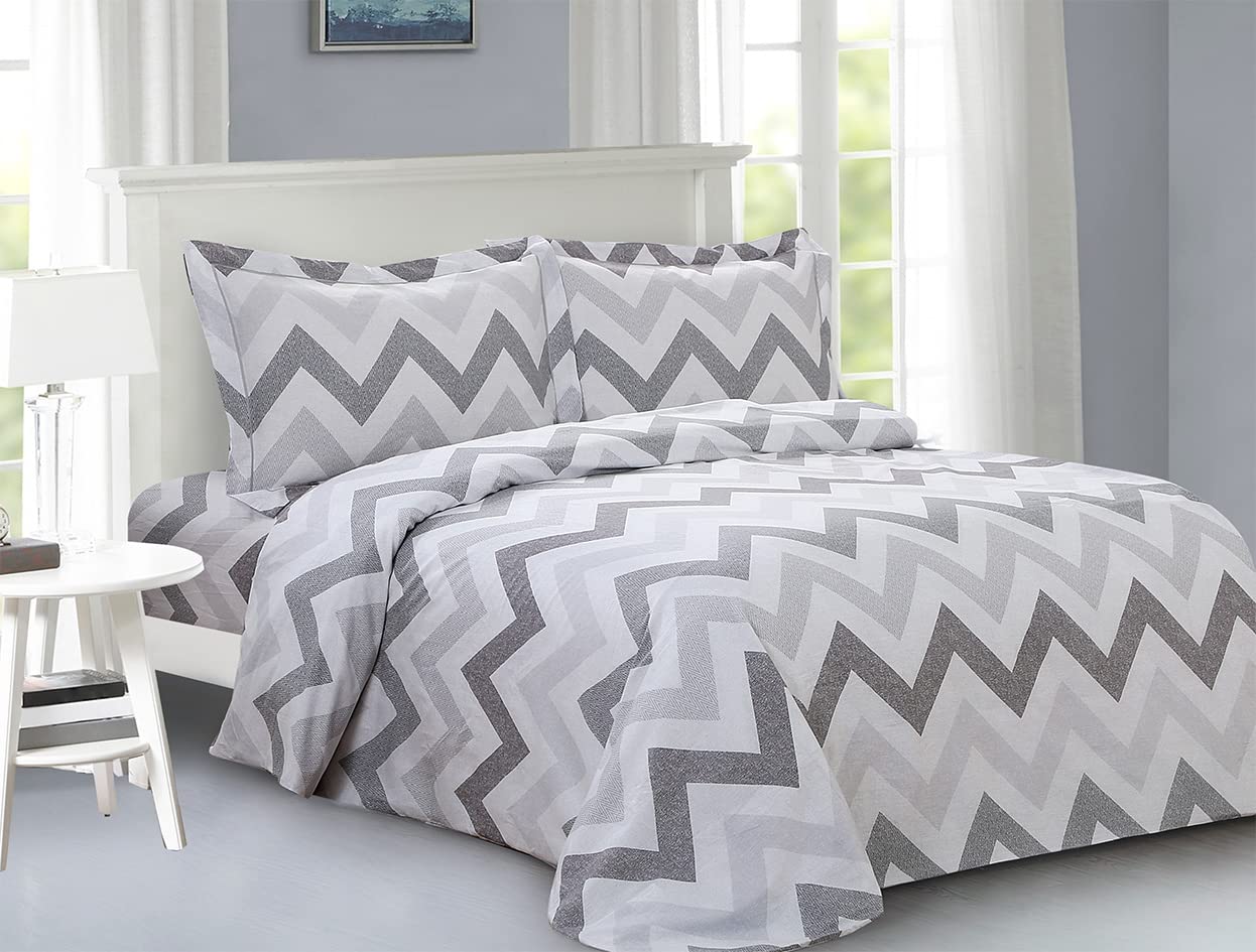 French Triangle Chevron Trail Pattern, Ultra Soft and Breathable 200 Thread-Count Cotton Percale, Grey, Twin 39-inch, 6 Piece Duvet Set, Bedding Duvet Cover Set for Two Beds