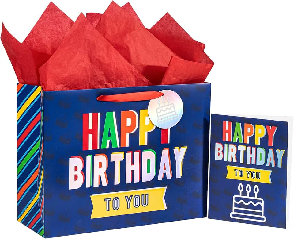 Colorful 13-inch Happy Birthday Gift Bag with Card and Tissue