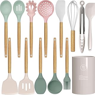 Colorful Silicone Cooking Utensil Set with Wooden Handles