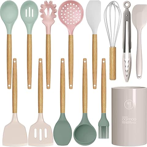 Colorful Silicone Cooking Utensil Set with Wooden Handles