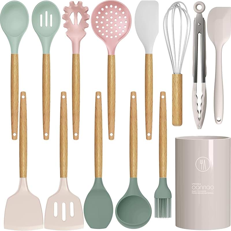 Colorful Silicone Cooking Utensil Set with Wooden Handles