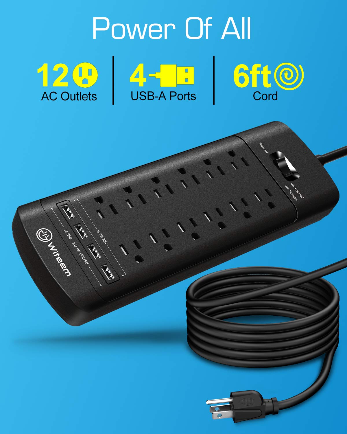 Power Strip, Surge Protector with 12-Outlet (1875W/15A,4360 Joules) and 4 USB Charging Ports (5V/6A,30W),6Ft Extension Cord,Wall Mountable Overload Protection Outlet for Home & Office, Black