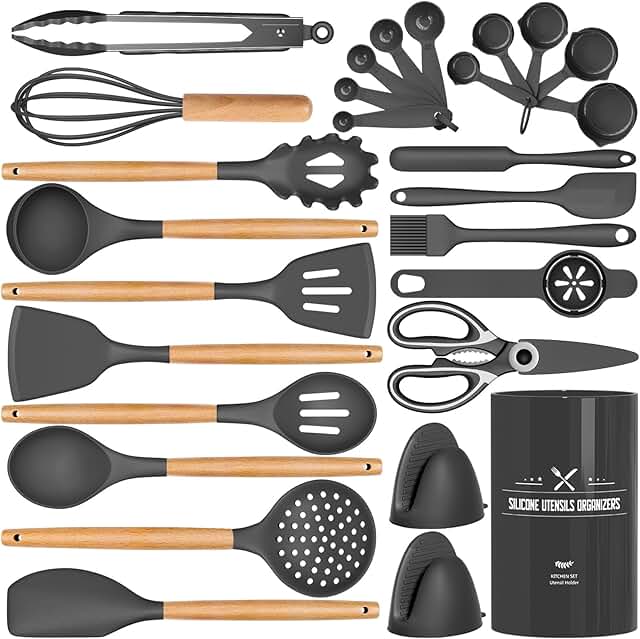 28-Piece Silicone Cooking Utensils Set with Wooden Handles