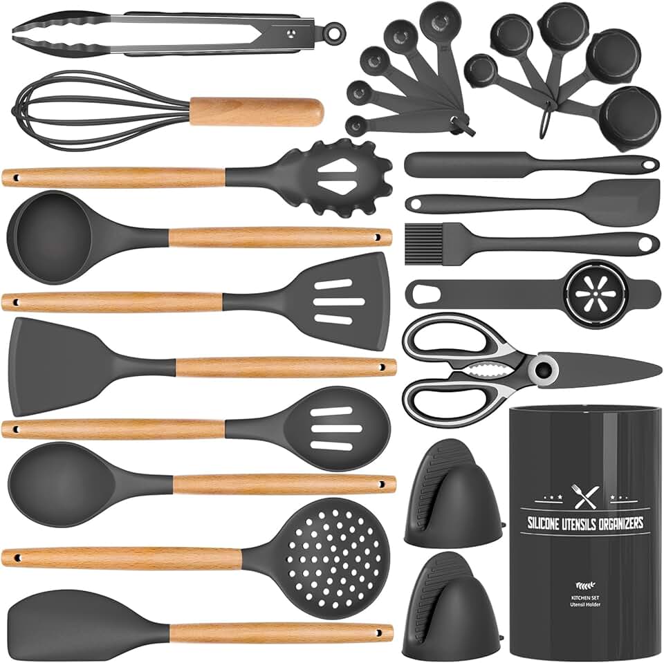 28-Piece Silicone Cooking Utensils Set with Wooden Handles