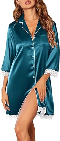 Satin Button-Down Nightgown with 3/4 Sleeves