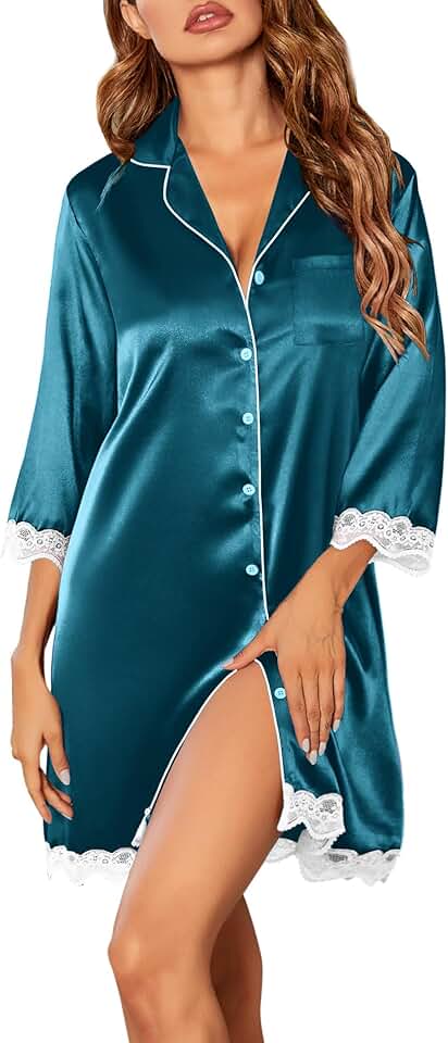 Satin Button-Down Nightgown with 3/4 Sleeves