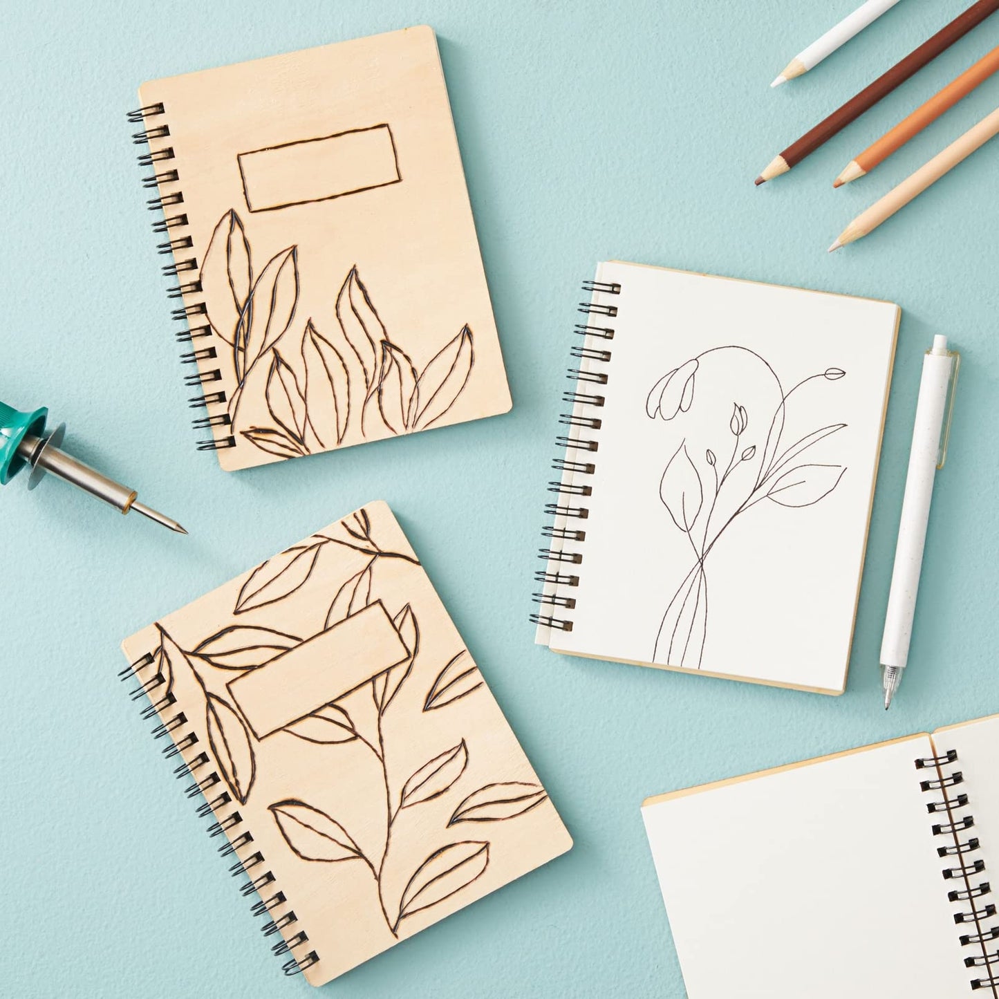 Set of four rustic wood cover notebooks, 4.5 x 5.8 inches