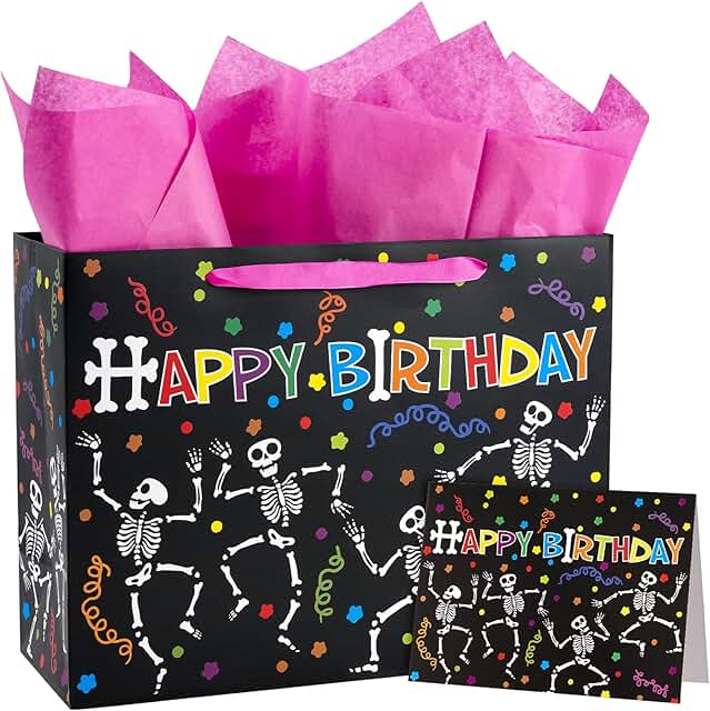 Colorful Skeleton Birthday Gift Bags with Tissue and Card