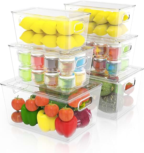 6 Pack Clear Stackable Fridge Storage Bins with Lids