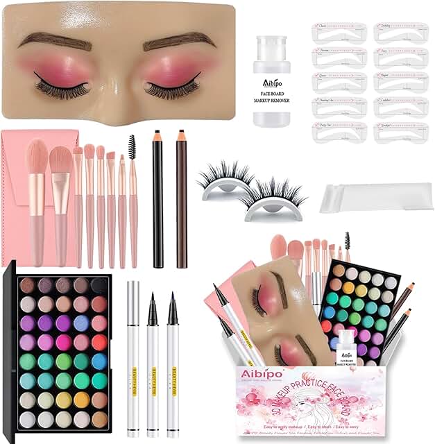 Reusable silicone makeup practice face with brushes and stencils