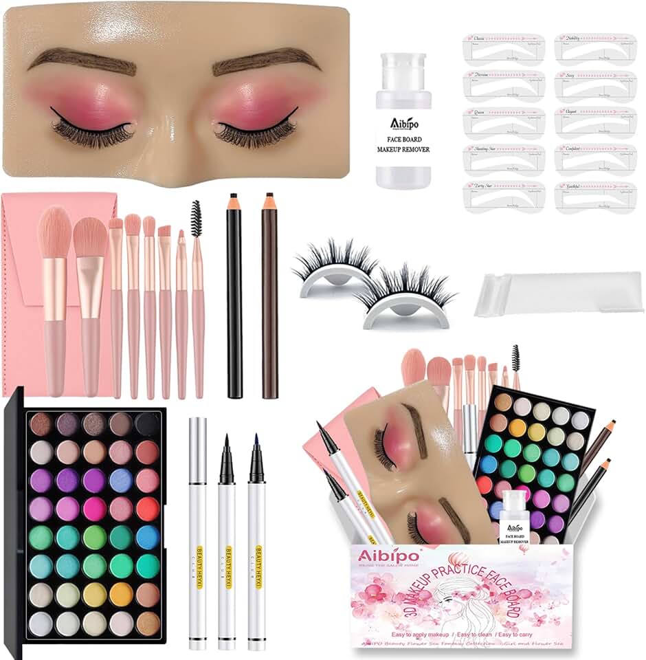 Reusable silicone makeup practice face with brushes and stencils