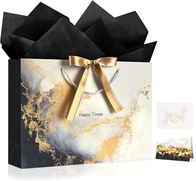 Large Gift Bag with Tissue, Card, Ribbons, Gold and Black Marble
