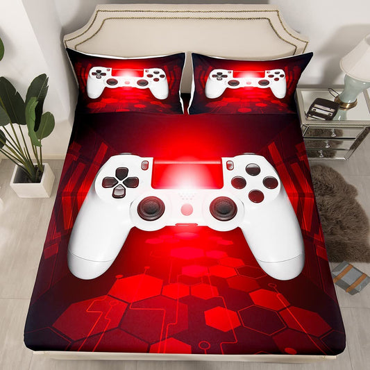 Boys Gaming Bedding Sets, Full for Kids Girls Child Son Video Games Fitted Sheet Chic Red White Modern Novelty Game Controller Gamer Fitted Bed Sheets, Not Include Flat/Top Sheet
