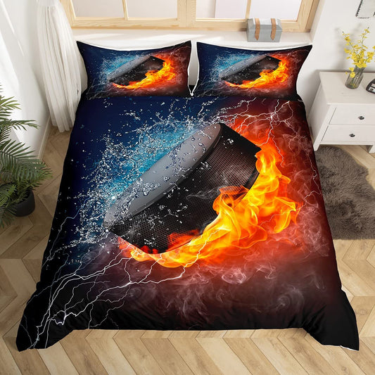 Ice and Bedding Set 3pcs for Kids Boys Teens Sports Theme Comforter Cover Burning Hockey Puck Duvet Cover Set Microfiber Bedspread Cover with 2 Pillow Cases(No Comforter) King Size