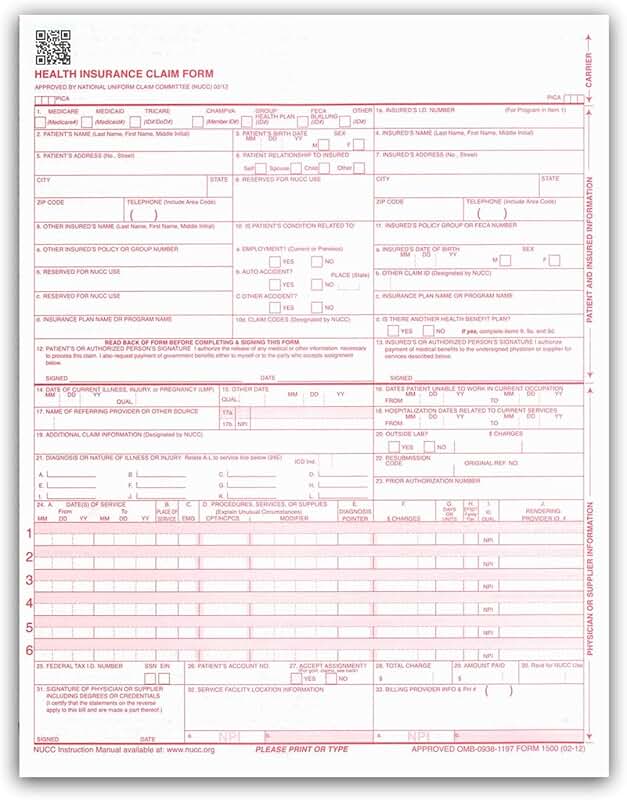 CMS 1500 Insurance Claim Forms, 8.5" x 11", 500 sheets