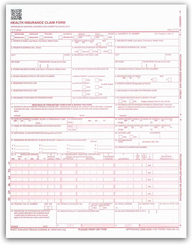 CMS 1500 Insurance Claim Forms, 8.5" x 11", 500 sheets