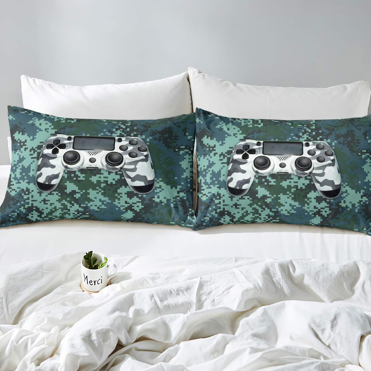 Camouflage Gamepad Comforter Cover Set Twin for Kids Boys Girls Teens Modern Gamer Video Game Bedding Set Youth Gaming Print Duvet Cover Fashion Bedroom Decor, Army Green