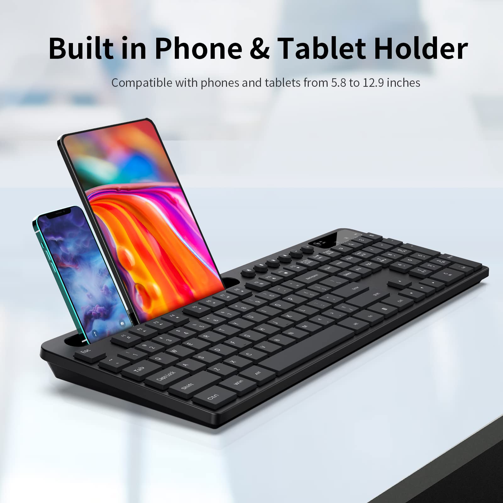 Wireless Keyboard and Mouse Combo, 2.4G Ergonomic Wireless Computer Keyboard with Phone Tablet Holder, Silent Mouse with 6 Button, Compatible with MacBook, Windows (Black)