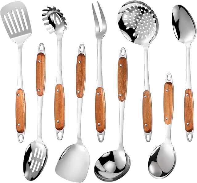 9-Piece Stainless Steel Kitchen Utensil Set with Wooden Handles