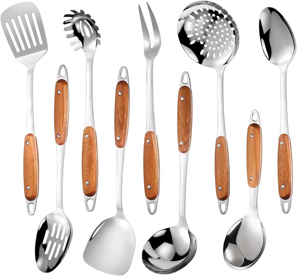 9-Piece Stainless Steel Kitchen Utensil Set with Wooden Handles