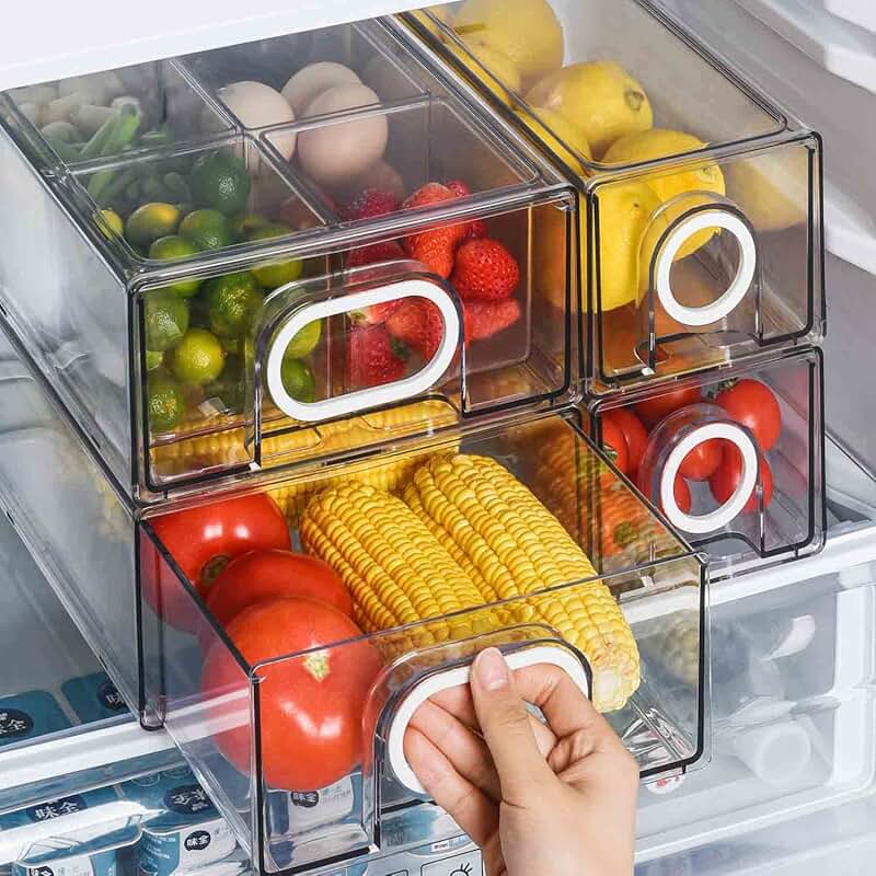 Six-piece stackable fridge storage drawers with handles
