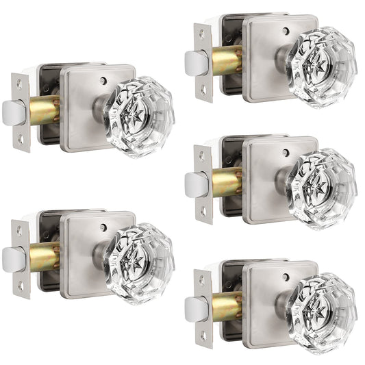5 Pack Crystal Door Knobs, Octagon Clear Gl Door Knob with Nickel Back Plate, In or Keyless Door Handles for Bed/Bath, Privacy Door Knobs with Lock