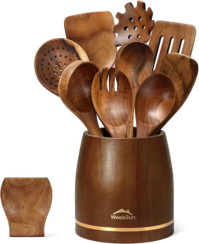 10 Wooden Cooking Spoons with Holder Set