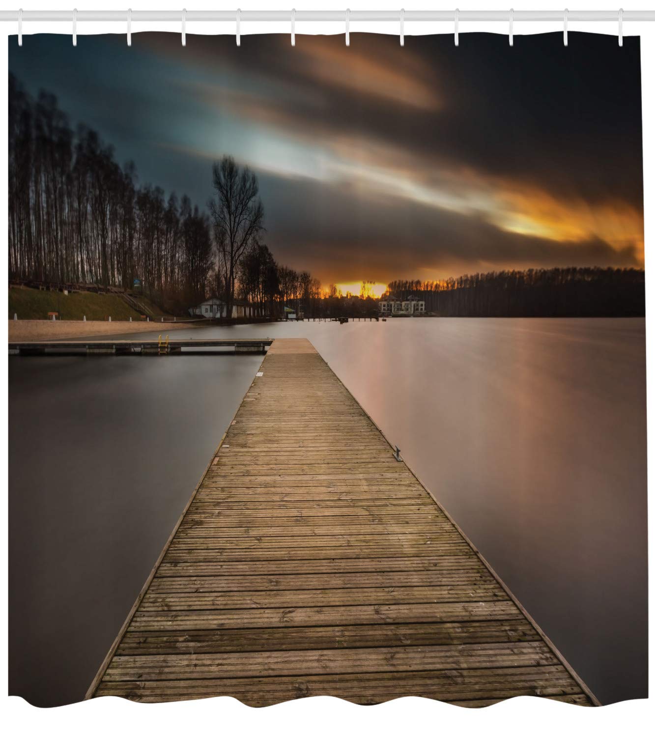 Landscape Shower Curtain, Lake Landscape with Jetty Cloudy and Dramatic Sky Scene at Sunset Image, Cloth Fabric Bathroom Decor Set with Hooks, 69" W x 84" L, Umber Black