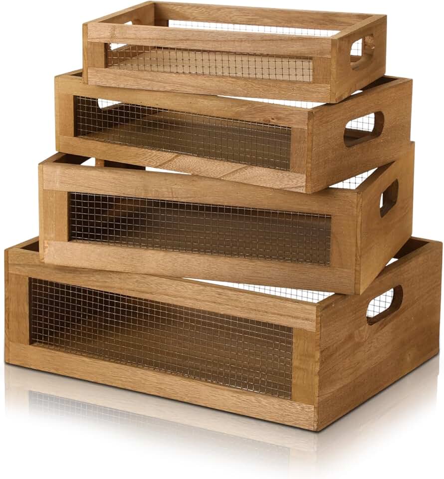 Set of 4 Small Wooden Storage Baskets with Handles