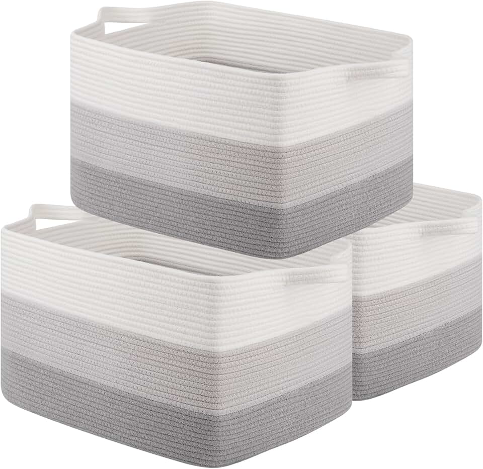 Rectangle woven storage baskets, set of 3, gray