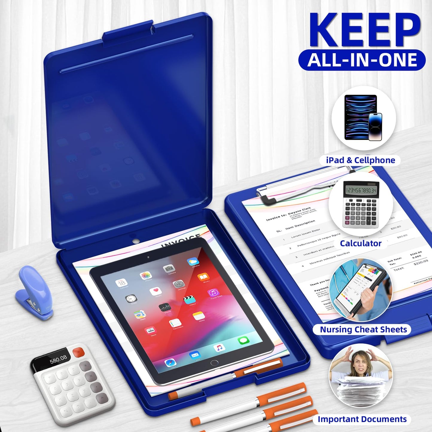 Slim plastic clipboard with storage and low profile clip