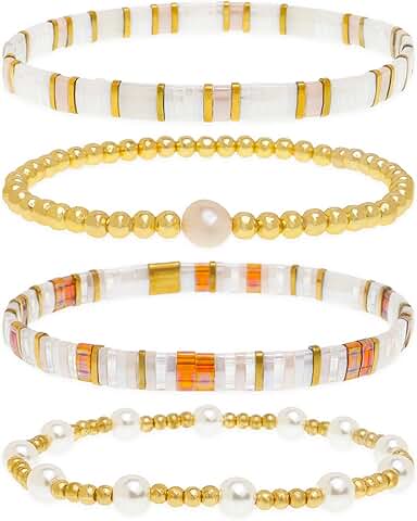 Gold Beaded Flat Bracelets Set for Women, 4 Pieces