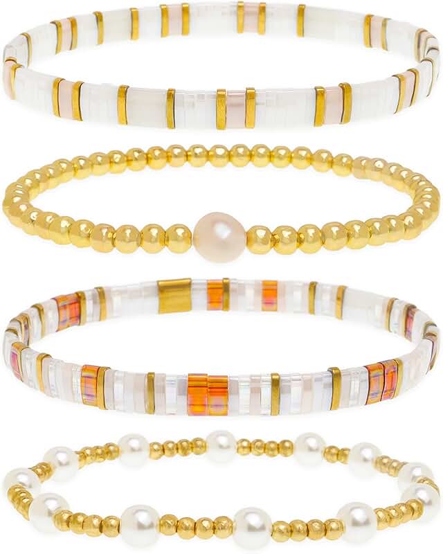 Gold Beaded Flat Bracelets Set for Women, 4 Pieces