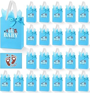 50 Blue Baby Shower Favor Bags with Handles and Ribbons