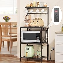 Small Kitchen Bakers Rack with Power Outlet and Hooks