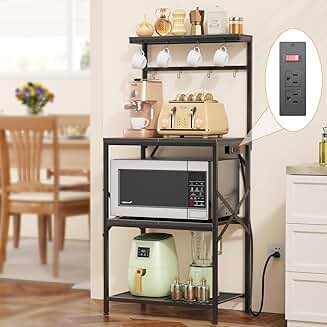 Small Kitchen Bakers Rack with Power Outlet and Hooks