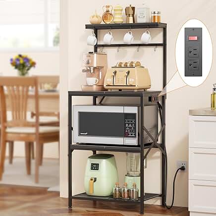Small Kitchen Bakers Rack with Power Outlet and Hooks