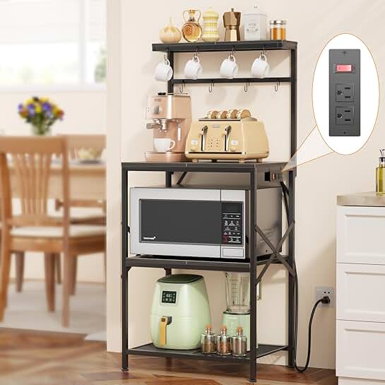 Small Kitchen Bakers Rack with Power Outlet and Hooks