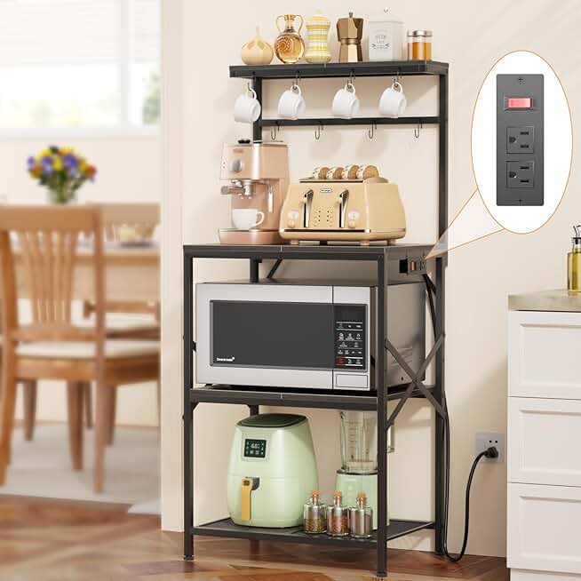 Small Kitchen Bakers Rack with Power Outlet and Hooks