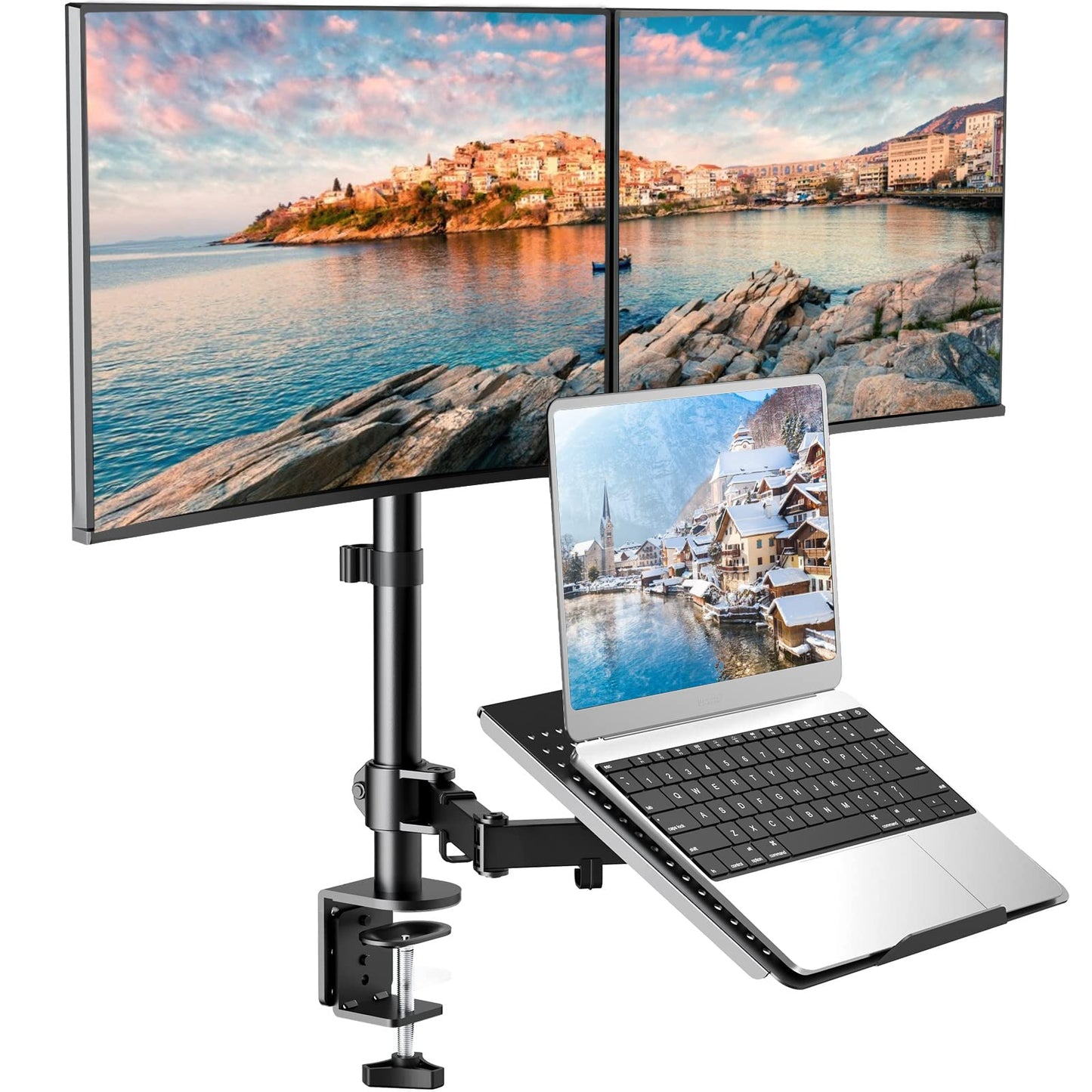 Laptop Mount, Height Adjustable Dual Monitor Mount with Laptop Keyboard Tray Fit Two 13 to 27 Inch Flat Curved Computer Screens and 10 to 17 Inch Notebooks